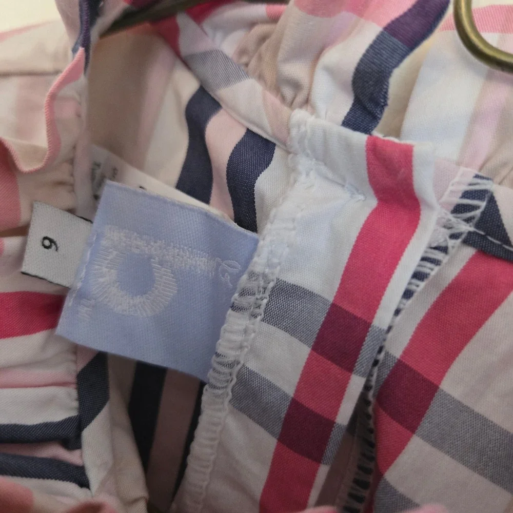 Bella Bliss Girls Pink Navy Plaid Ruffle Neck Babydoll Blouse Velvet Ties Size 6